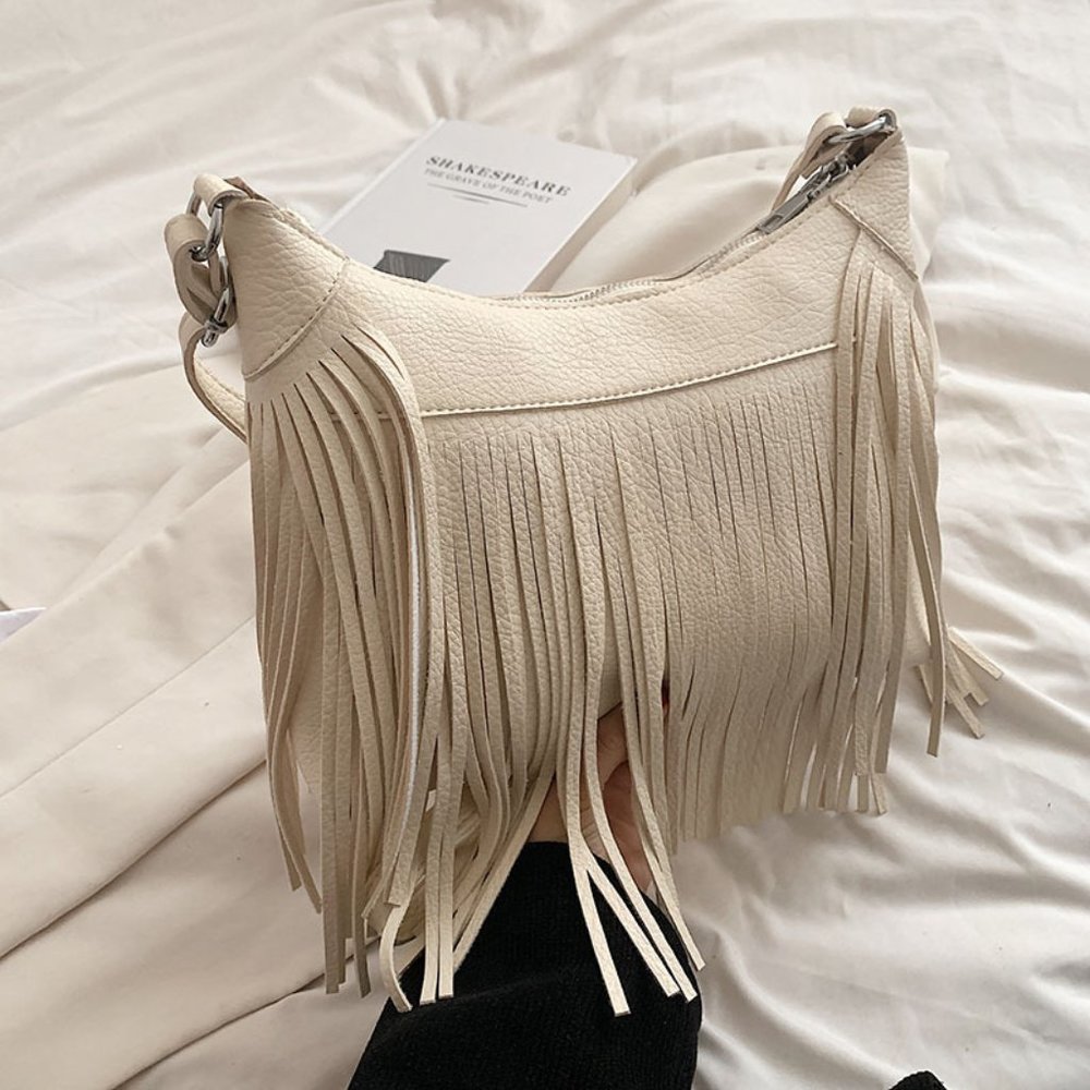Women's Cream Medium Fringe Zipper Crossbody Bag